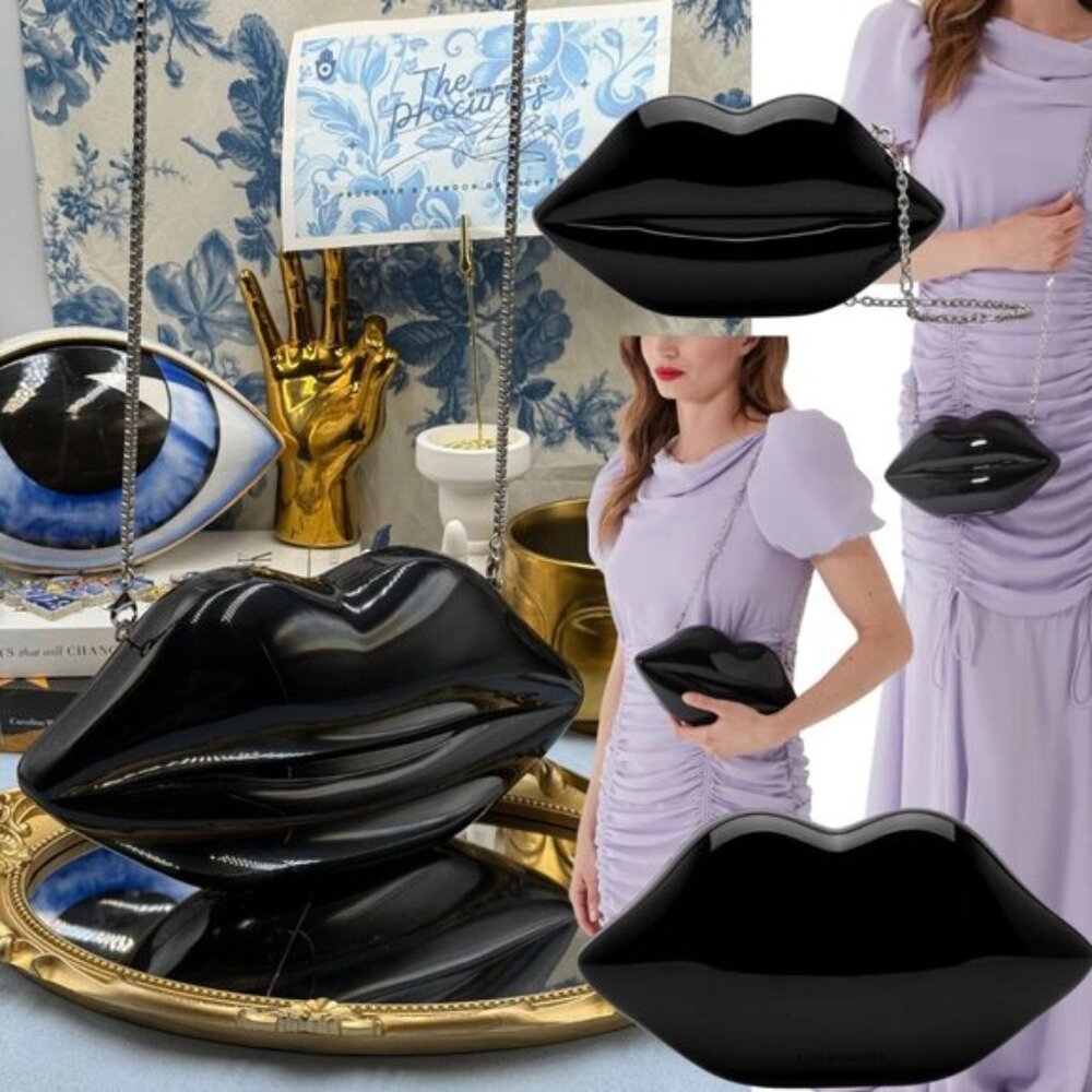 🆕 LULU GUINNESS 🧿 NWOT Black Medium Iconic Lips Perspex Clutch Bag